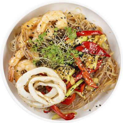 Фунчоза с морепродуктами и овощами